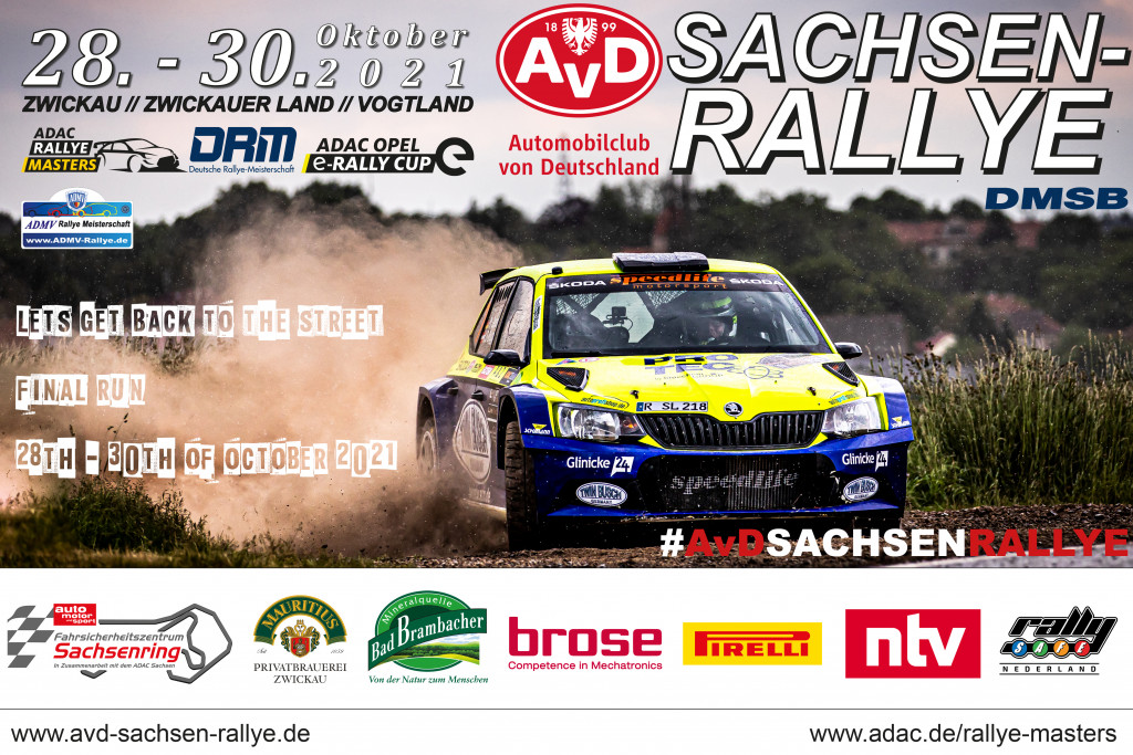 Let's get back to the street. Welcome to the final run of ADAC Rallye Masters, ADAC Opel e-Rally Cup, ADMV Rallye Meisterschaft - @ #AvDSachsenRallye2021!
From 28th to 30th of october 2021 in Zwickau, the Zwickauer Land and the Vogtland
www.avd-sachsen-rallye.de